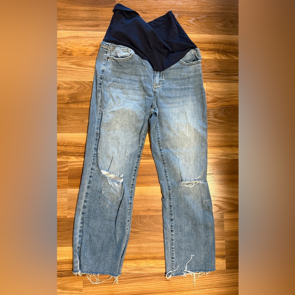 Blue Straight Leg Frayed Hem Maternity Jeans